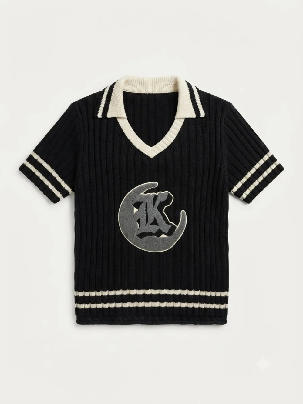 Killstar Black Polo Knit Top with Cream Trim and Crescent Moon Logo